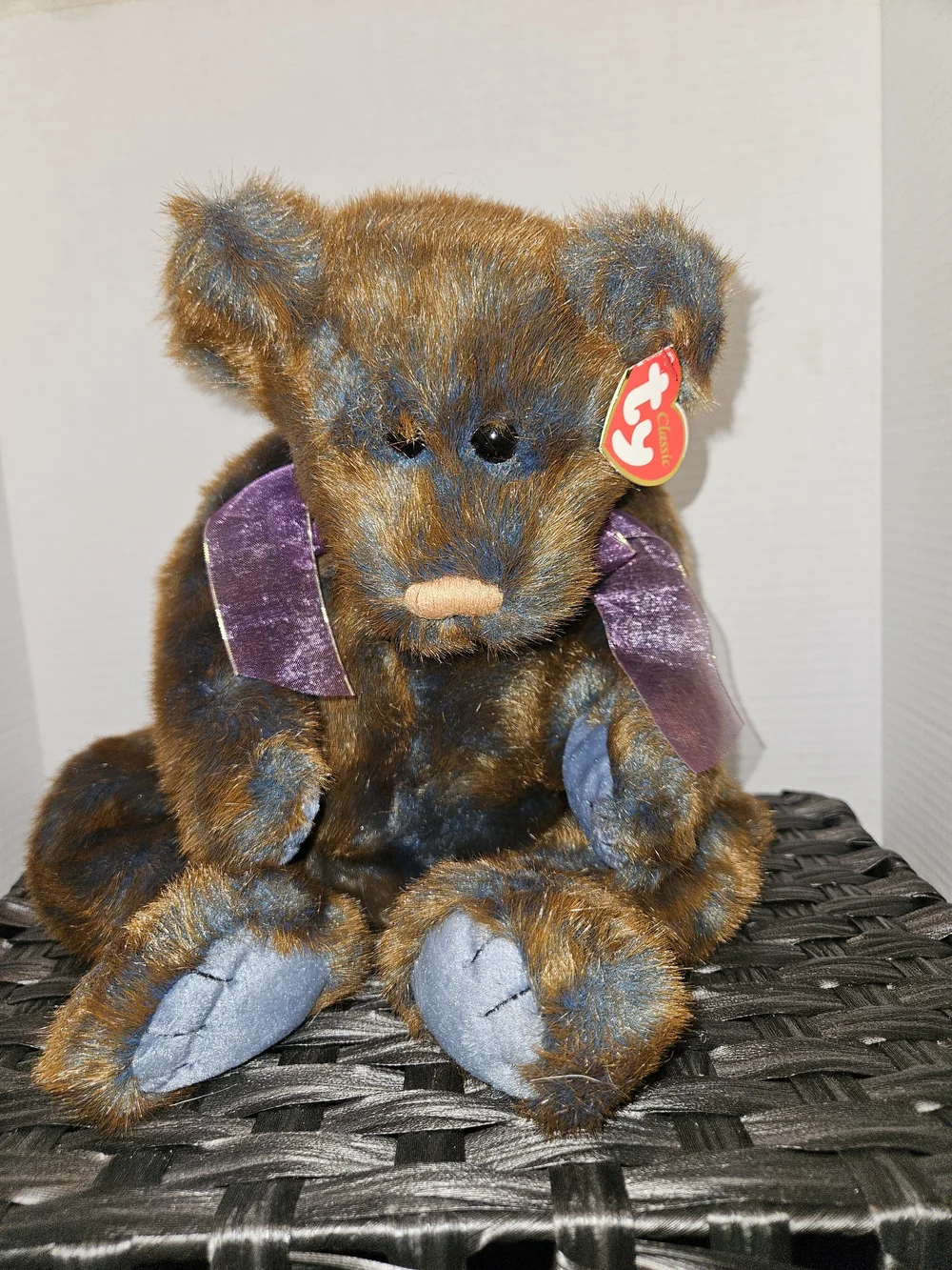 Broderick Ty Brown and Blue Plush Bear with Purple Velvet Bow